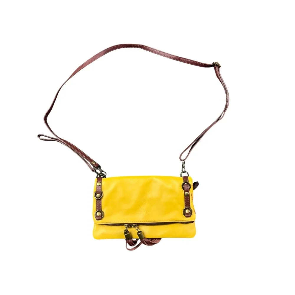 Vera Pelle Italy Yellow Leather Crossbody Foldover Tassel Clutch Bag